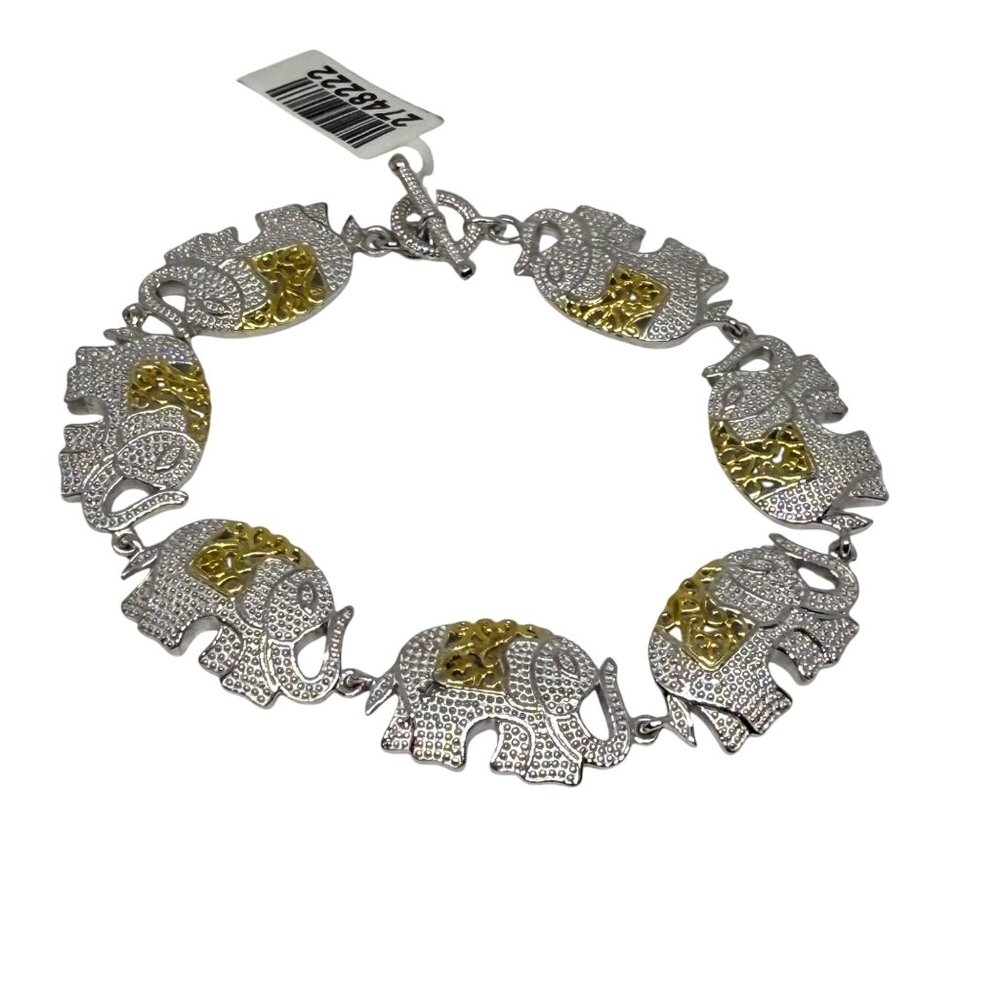 Silver & Gold-Tone Elephant Charm Bracelet With Toggle Clasp